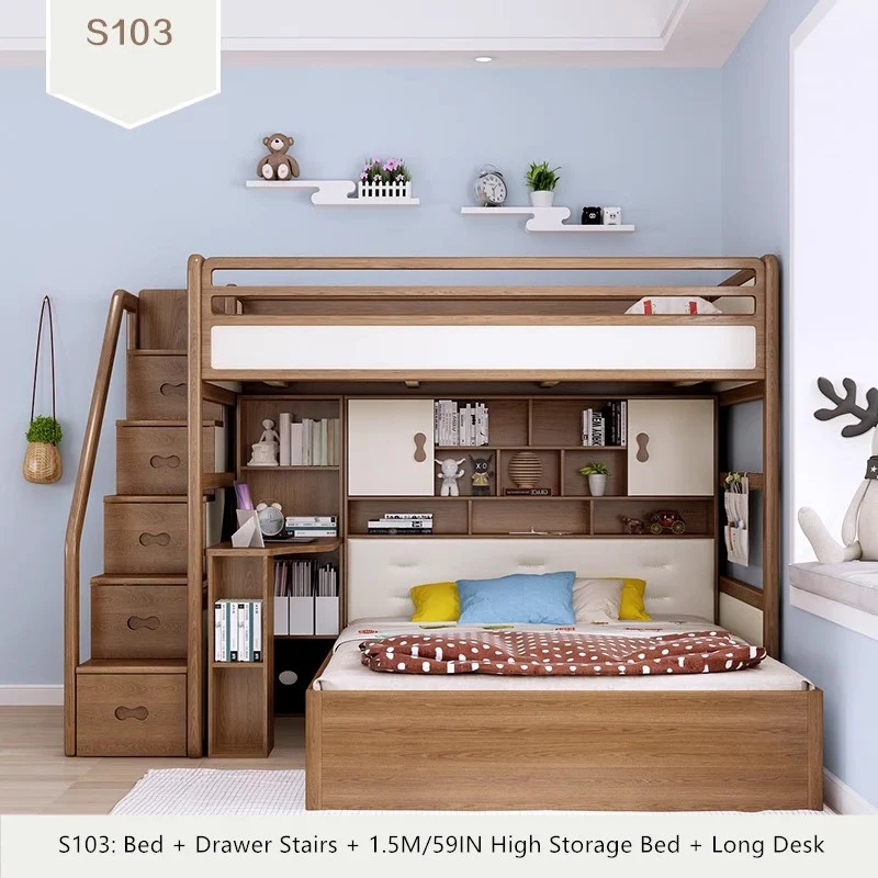 Hochbett aus massivem Eschenholz mit hohem Stauraumbett, Kleiderschrank, Schubladentreppe und Schreibtischkombination