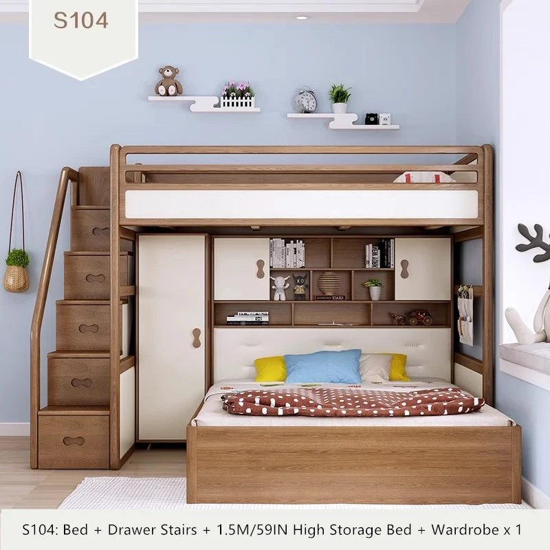 Hochbett aus massivem Eschenholz mit hohem Stauraumbett, Kleiderschrank, Schubladentreppe und Schreibtischkombination