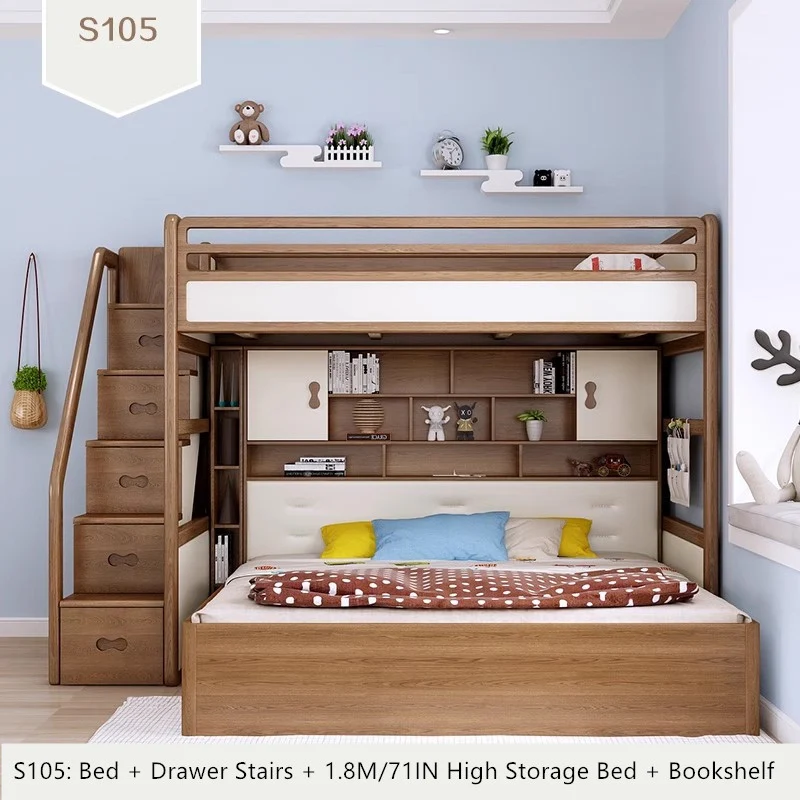 Hochbett aus massivem Eschenholz mit hohem Stauraumbett, Kleiderschrank, Schubladentreppe und Schreibtischkombination