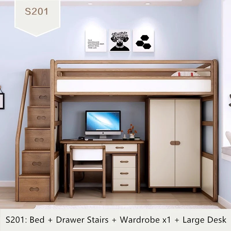 Hochbett aus massivem Eschenholz mit hohem Stauraumbett, Kleiderschrank, Schubladentreppe und Schreibtischkombination