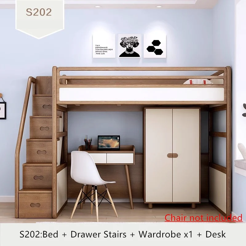 Hochbett aus massivem Eschenholz mit hohem Stauraumbett, Kleiderschrank, Schubladentreppe und Schreibtischkombination
