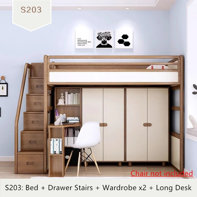 Hochbett aus massivem Eschenholz mit hohem Stauraumbett, Kleiderschrank, Schubladentreppe und Schreibtischkombination