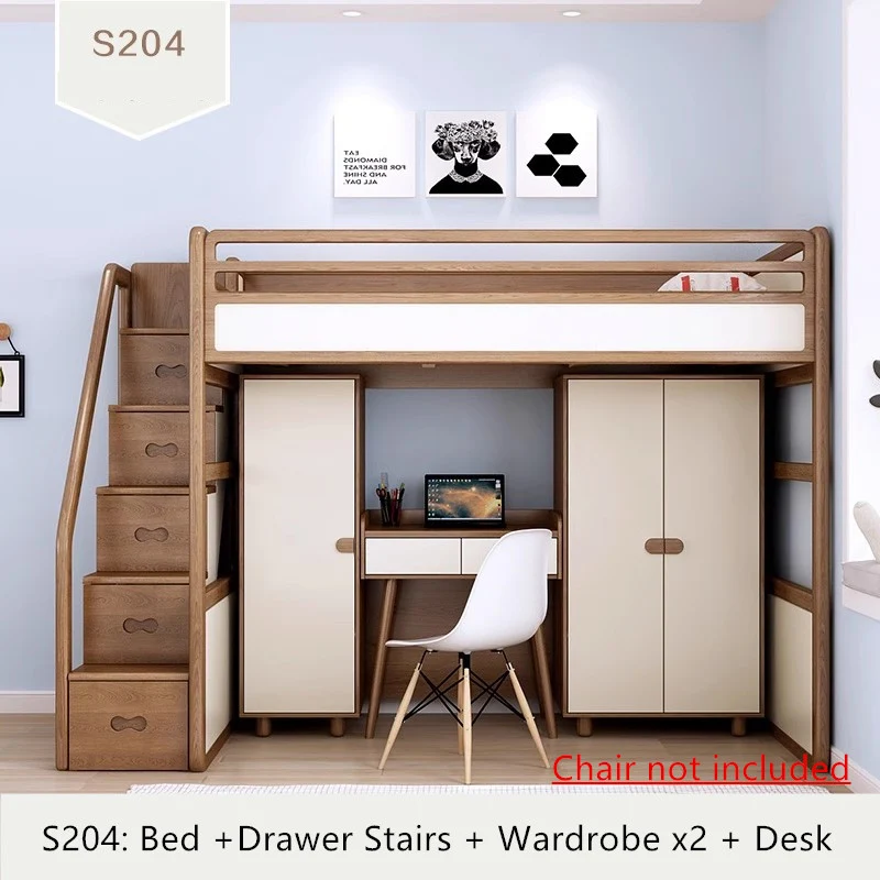 Hochbett aus massivem Eschenholz mit hohem Stauraumbett, Kleiderschrank, Schubladentreppe und Schreibtischkombination