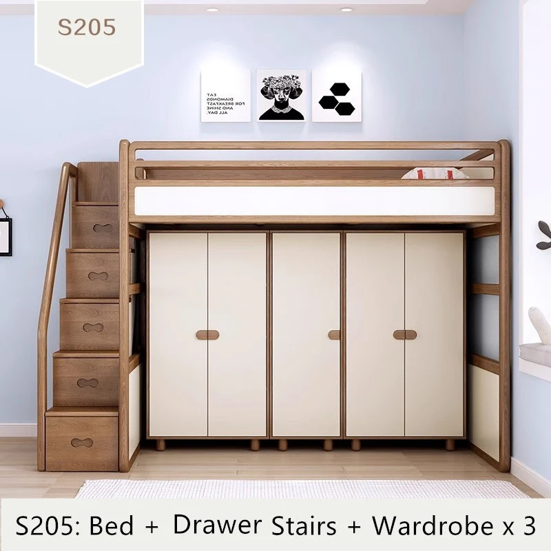 Hochbett aus massivem Eschenholz mit hohem Stauraumbett, Kleiderschrank, Schubladentreppe und Schreibtischkombination
