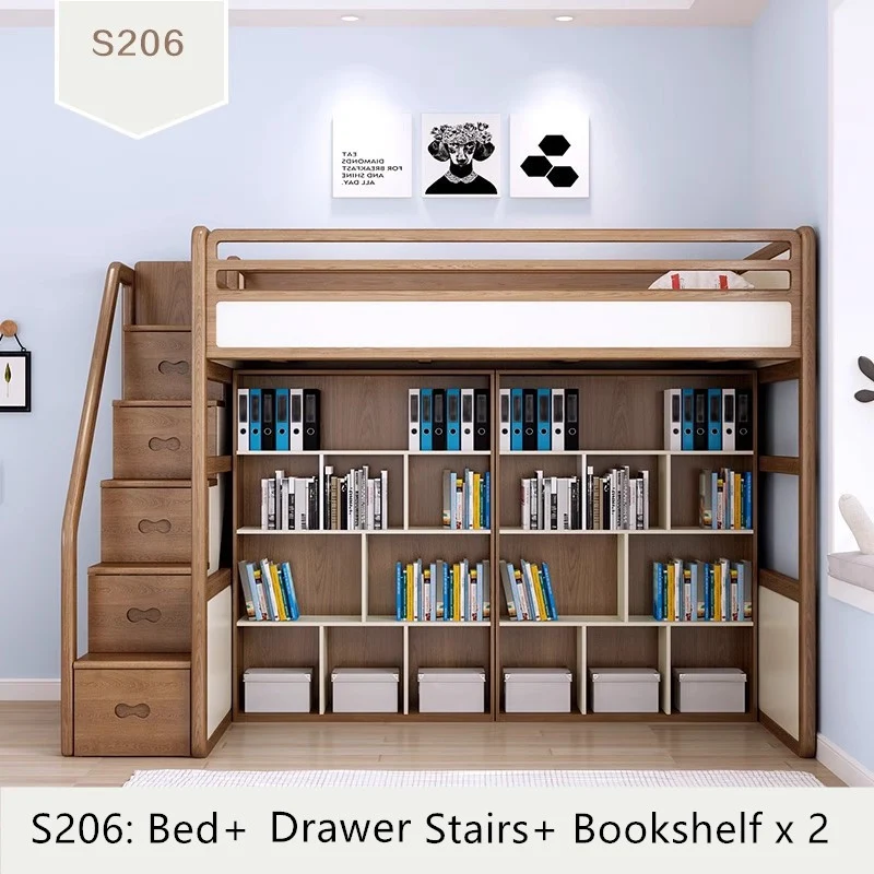 Hochbett aus massivem Eschenholz mit hohem Stauraumbett, Kleiderschrank, Schubladentreppe und Schreibtischkombination