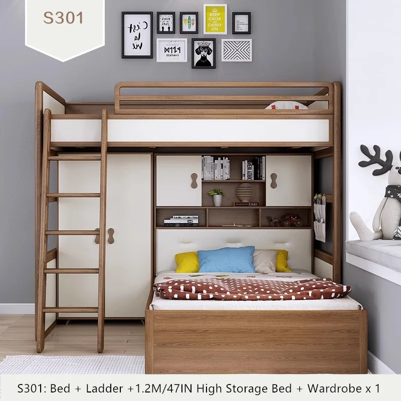 Hochbett aus massivem Eschenholz mit hohem Stauraumbett, Kleiderschrank, Schubladentreppe und Schreibtischkombination