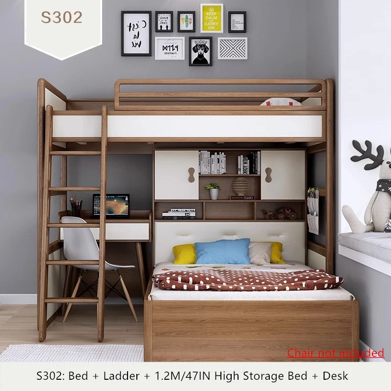 Hochbett aus massivem Eschenholz mit hohem Stauraumbett, Kleiderschrank, Schubladentreppe und Schreibtischkombination