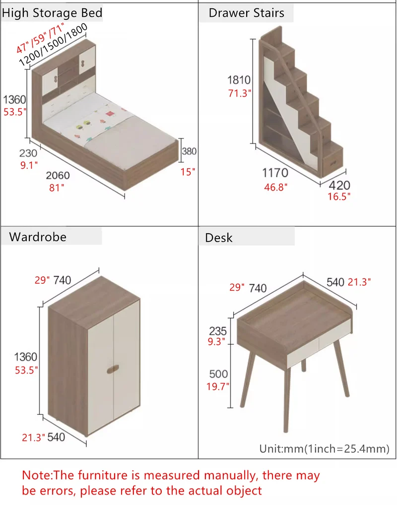 Hochbett aus massivem Eschenholz mit hohem Stauraumbett, Kleiderschrank, Schubladentreppe und Schreibtischkombination