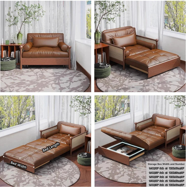 Retro-Schlafsofa mit Rattan-Web-Armlehnen, Lederstoff und Stauraum darunter