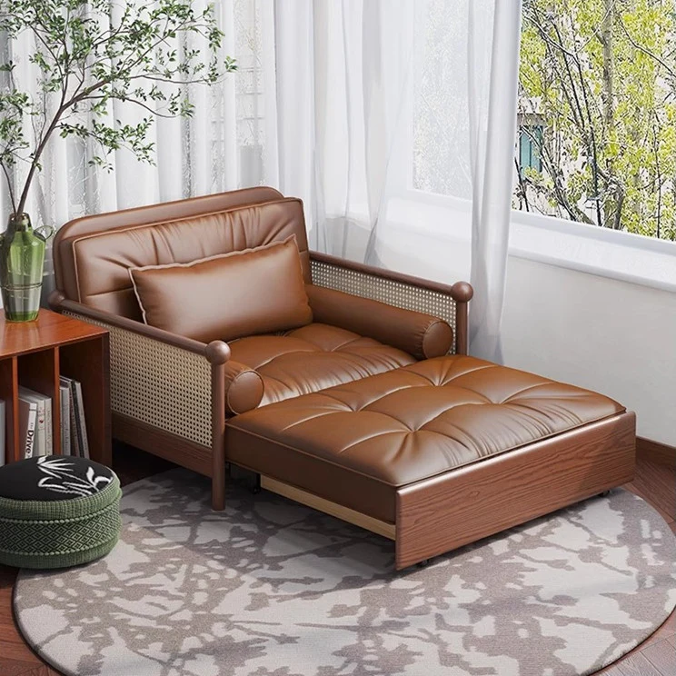 Retro-Schlafsofa mit Rattan-Web-Armlehnen, Lederstoff und Stauraum darunter
