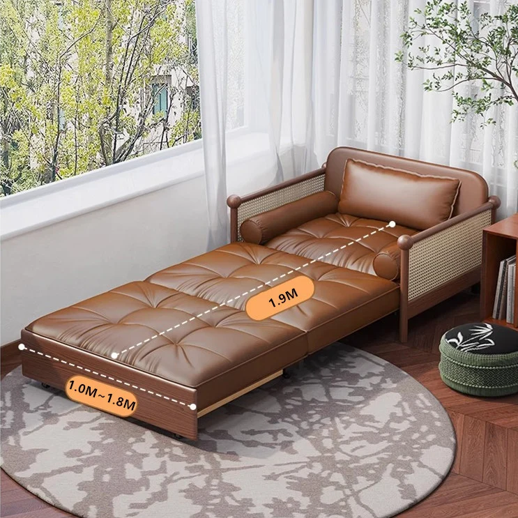 Retro-Schlafsofa mit Rattan-Web-Armlehnen, Lederstoff und Stauraum darunter