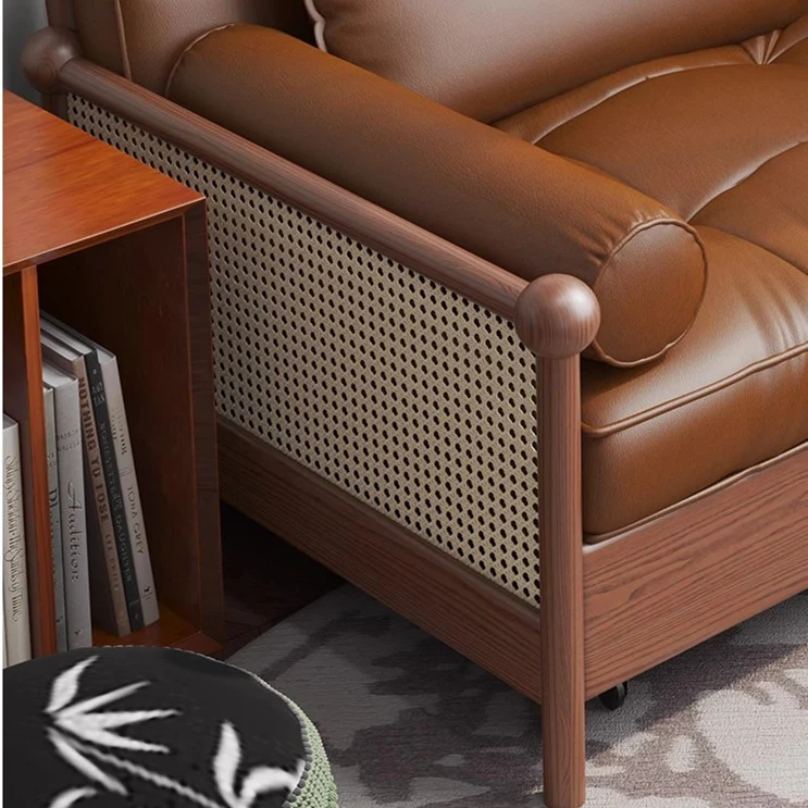 Retro-Schlafsofa mit Rattan-Web-Armlehnen, Lederstoff und Stauraum darunter