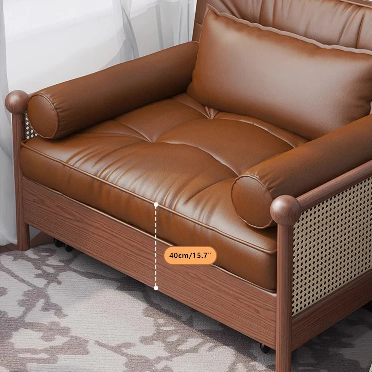 Retro-Schlafsofa mit Rattan-Web-Armlehnen, Lederstoff und Stauraum darunter