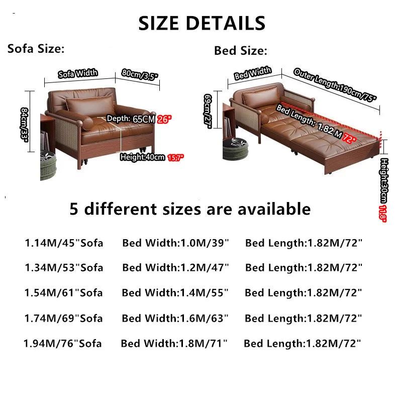Retro-Schlafsofa mit Rattan-Web-Armlehnen, Lederstoff und Stauraum darunter