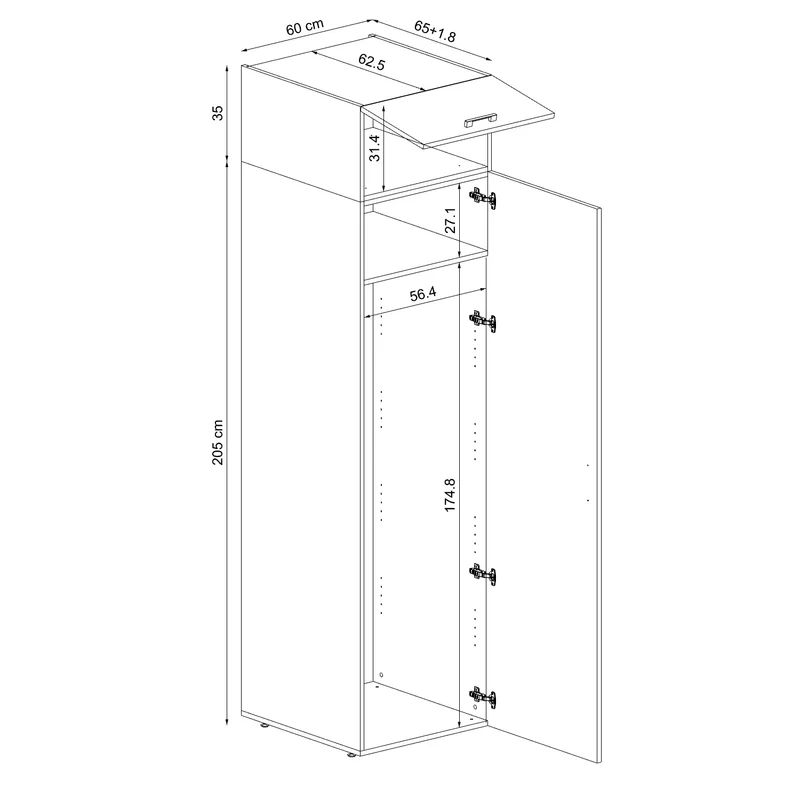 Roomart Hochschrank 60 cm, 205 oder 240 cm hoch, mit Einlegeböden, in 3 Farben