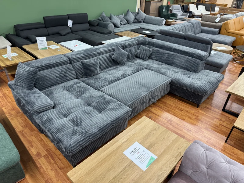 Wohnlandschaft Couch Sofa +Teddy Cord +Bettfunktion +Stauraum +Kopfstützenverstellung