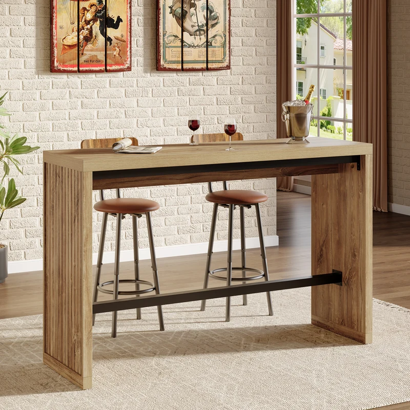 Tribesigns Bartisch 140 cm, Hochtisch mit Metall-Fußstütze, Stehtisch im modernen Landhausstil
