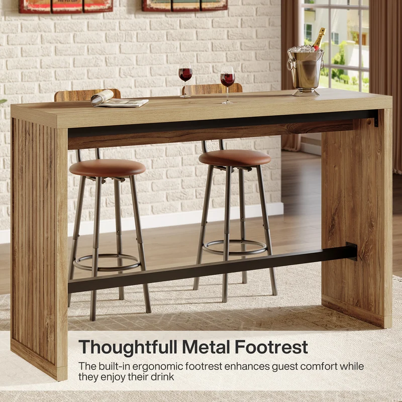 Tribesigns Bartisch 140 cm, Hochtisch mit Metall-Fußstütze, Stehtisch im modernen Landhausstil