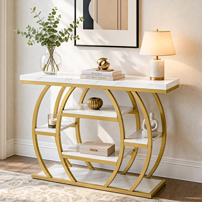 Tribesigns Konsolentisch 105 cm, Schmaler Flurtisch mit 5 Ablagen, Gold Metallgestell & Tischplatte in Marmoroptik
