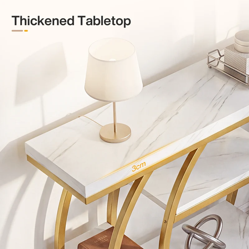 Tribesigns Konsolentisch 105 cm, Schmaler Flurtisch mit 5 Ablagen, Gold Metallgestell & Tischplatte in Marmoroptik