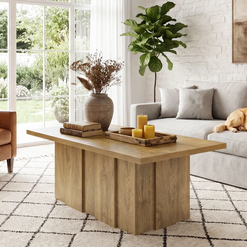 Tribesigns Couchtisch 120 cm, Rechteckiger Wohnzimmertisch im modernen Landhausstil mit Geriffeltem Sockel