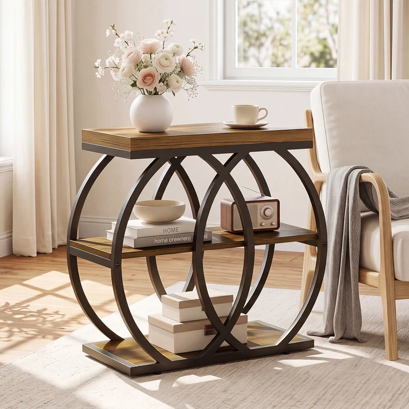 Tribesigns Schmaler Beistelltisch 60 cm mit 3 Ablagen im Industrial-Stil mit Metallgestell