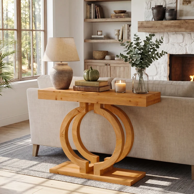 Tribesigns Massivholz Konsolentisch 110 cm, Schmaler Flurtisch mit dekorativem Doppelkreis-Gestell