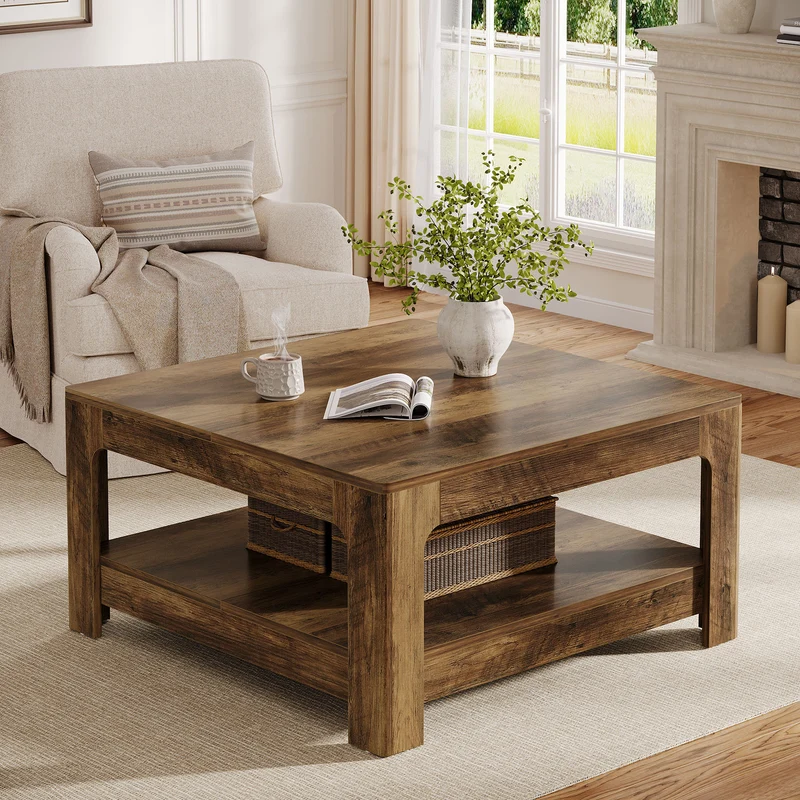Tribesigns Couchtisch 100 cm mit Ablage, Großer quadratischer Wohnzimmertisch im Landhausstil