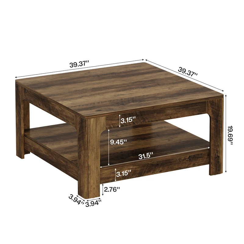 Tribesigns Couchtisch 100 cm mit Ablage, Großer quadratischer Wohnzimmertisch im Landhausstil