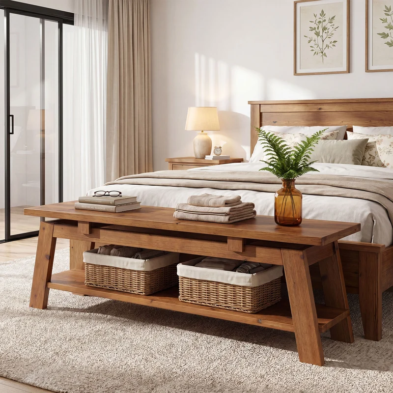 Tribesigns Massivholz Sitzbank 140 cm mit Schuhablage, Holzbank für Eingangsbereich & Schlafzimmer