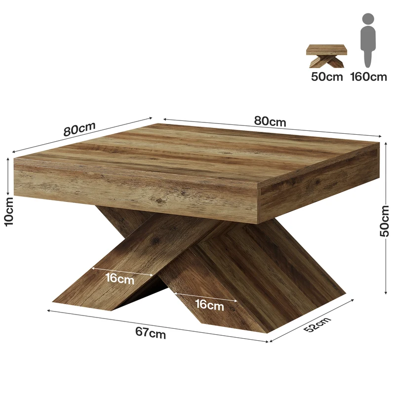 Tribesigns Quadratischer Couchtisch 80 cm, Wohnzimmertisch in Eichenoptik mit stabilem X-Gestell