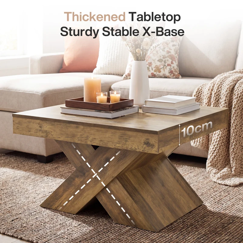 Tribesigns Quadratischer Couchtisch 80 cm, Wohnzimmertisch in Eichenoptik mit stabilem X-Gestell