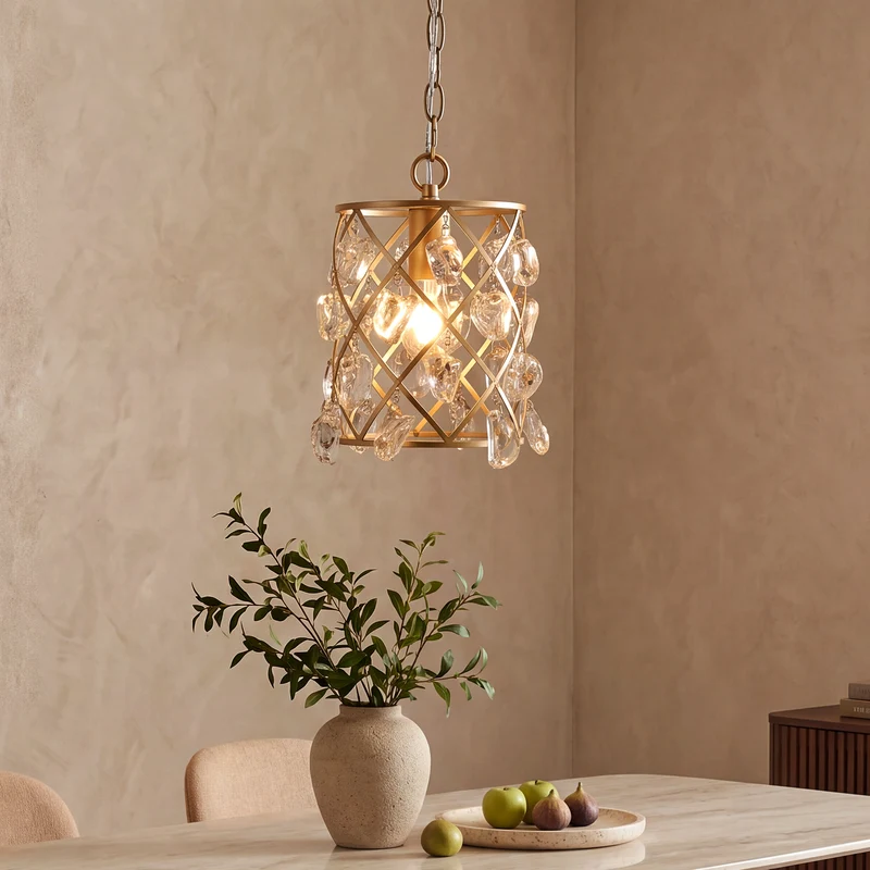 Tribesigns Goldene Pendelleuchte mit Glaskristallen, E27 Hängelampe im modernen Design, höhenverstellbarer Kronleuchter