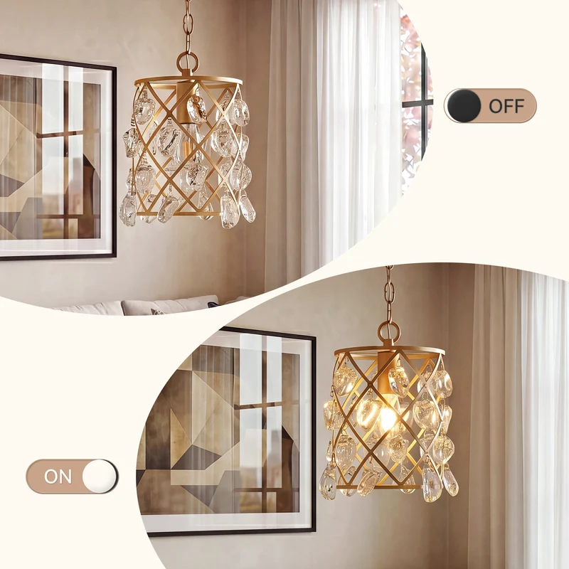 Tribesigns Goldene Pendelleuchte mit Glaskristallen, E27 Hängelampe im modernen Design, höhenverstellbarer Kronleuchter