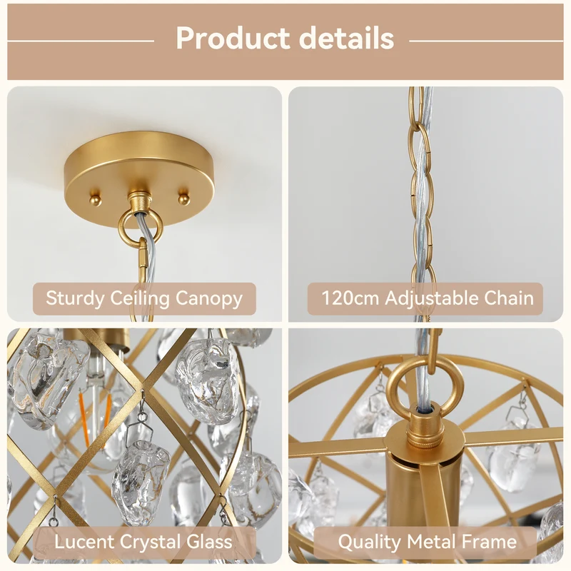 Tribesigns Goldene Pendelleuchte mit Glaskristallen, E27 Hängelampe im modernen Design, höhenverstellbarer Kronleuchter