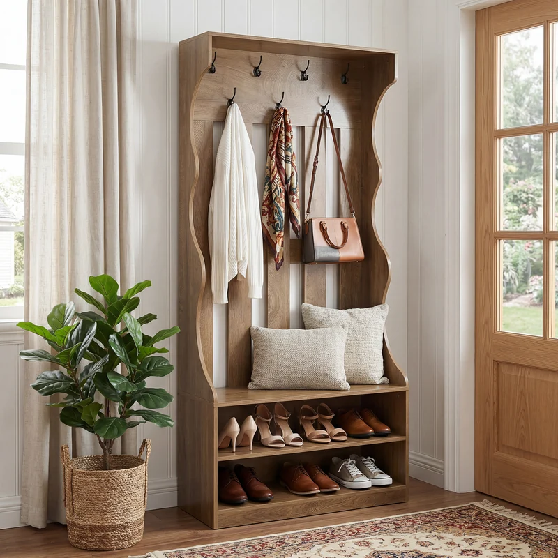 Tribesigns Garderobe mit Schuhbank 180 cm, Flurgarderobe mit 7 Haken & 2 Schuhablagen für Eingangsbereich