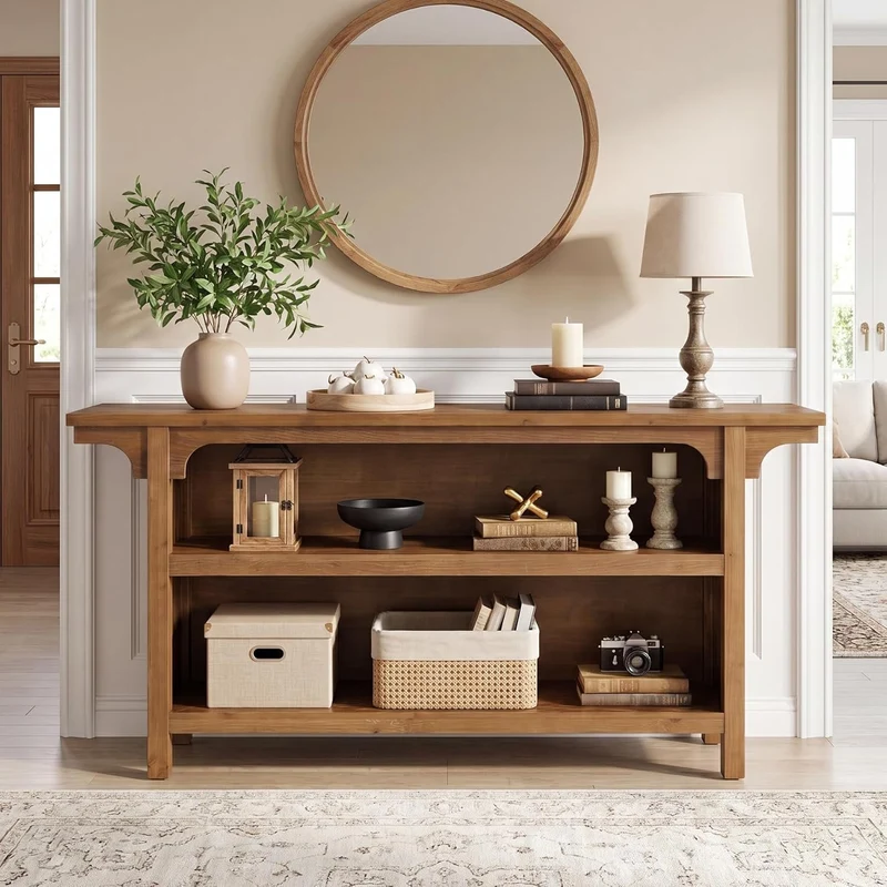 Tribesigns Massivholz Konsolentisch 160 cm mit 3 Ablagen, schmaler Flurtisch im Landhausstil
