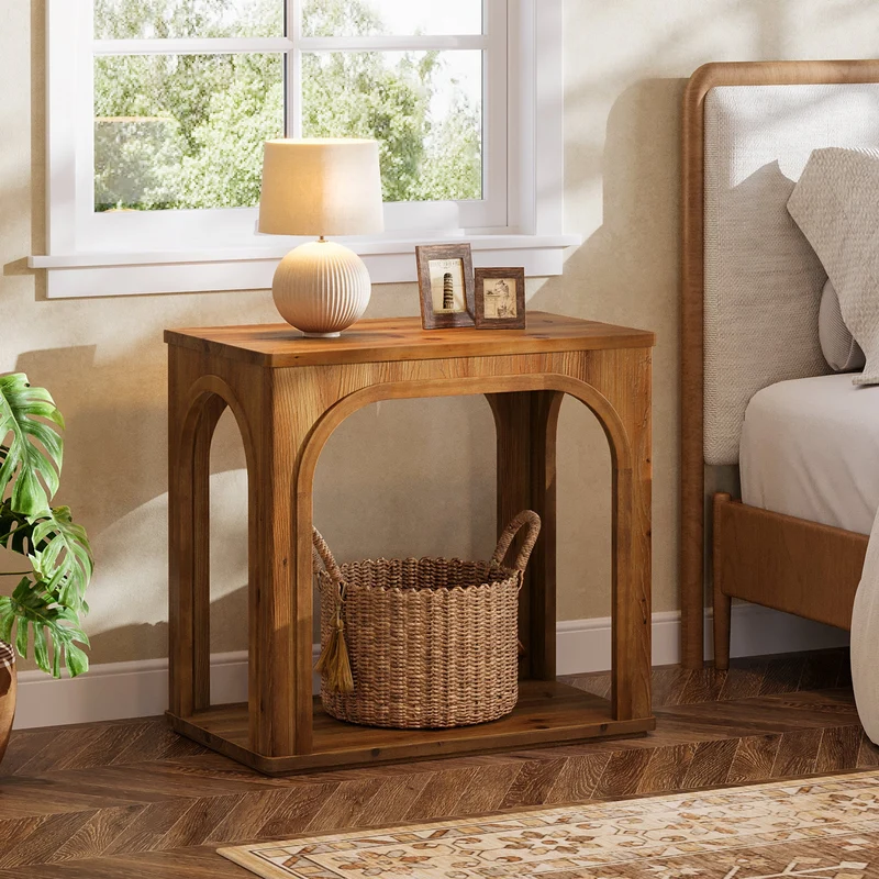 Tribesigns Massivholz Beistelltisch mit Ablage, 2-stufiger Nachttisch im Landhausstil mit Bogendesign