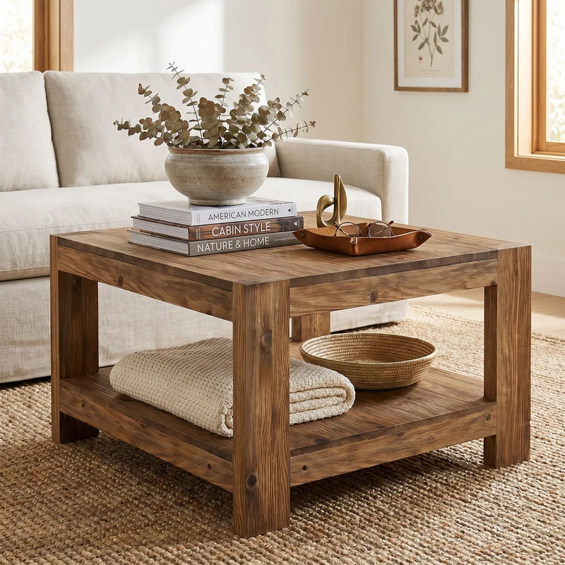 Tribesigns Massivholz Couchtisch 80 cm mit Ablage, quadratischer Wohnzimmertisch im Landhausstil mit 2 Ebenen