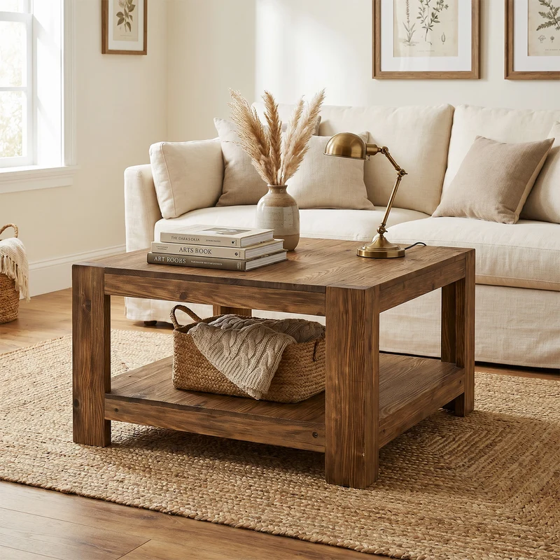 Tribesigns Massivholz Couchtisch 80 cm mit Ablage, quadratischer Wohnzimmertisch im Landhausstil mit 2 Ebenen
