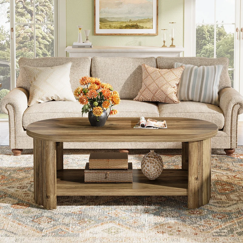 Tribesigns Ovaler Couchtisch 120 cm mit Ablagefach, Landhaus Wohnzimmertisch mit geriffeltem Standfuß