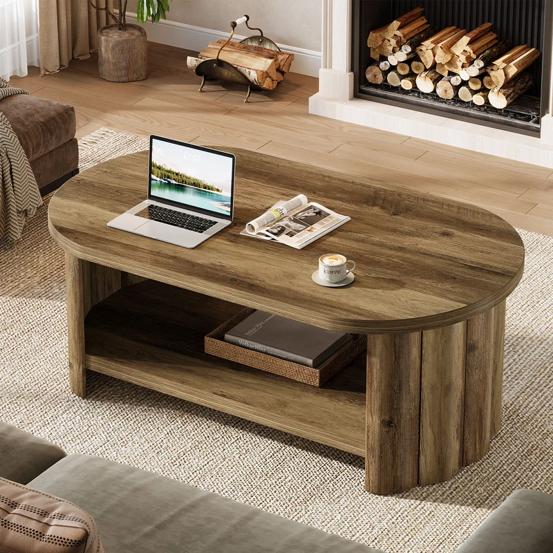 Tribesigns Ovaler Couchtisch 120 cm mit Ablagefach, Landhaus Wohnzimmertisch mit geriffeltem Standfuß