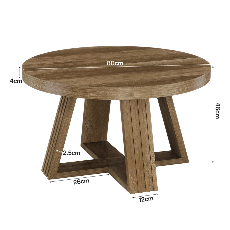 Tribesigns Runder Couchtisch 80 cm im Landhausstil, Wohnzimmertisch mit Holzmaserung & Kreuzgestell