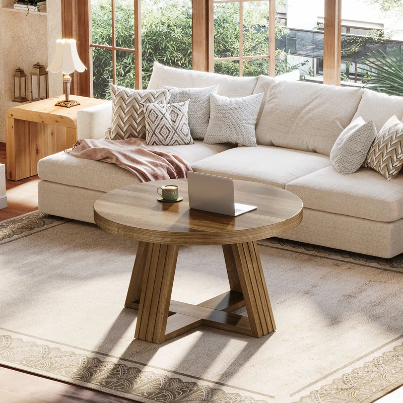Tribesigns Runder Couchtisch 80 cm im Landhausstil, Wohnzimmertisch mit Holzmaserung & Kreuzgestell