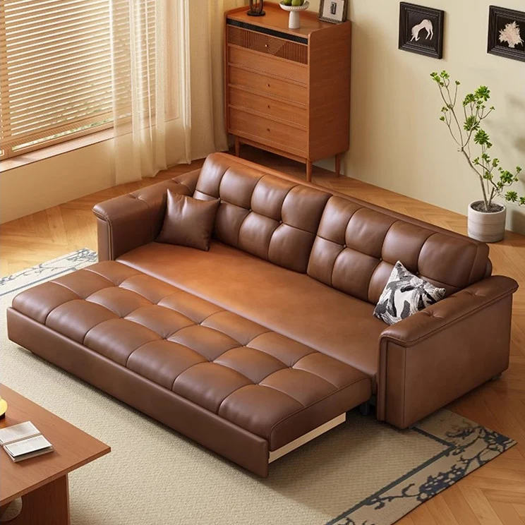 Ausziehbares Schlafsofa im Retro-Stil aus Lederstoff mit Stauraum darunter