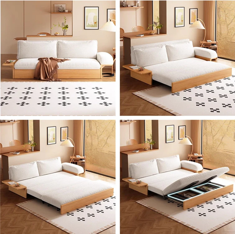 Japandi Schlafsofa aus Teddy-Plüschstoff mit Stauraum
