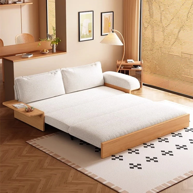 Japandi Schlafsofa aus Teddy-Plüschstoff mit Stauraum