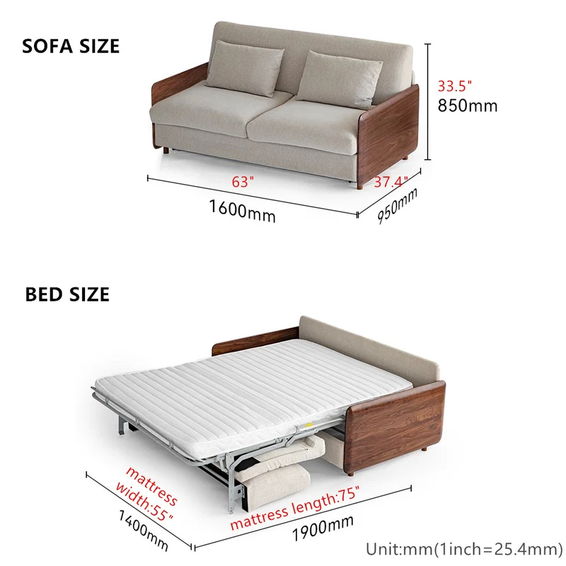 Leichtes Luxus-Schlafsofa mit Armlehne aus Walnussholz und Matratze