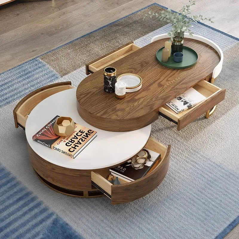 Moderner runder Couchtisch im nordischen Stil mit 4 Schubladen