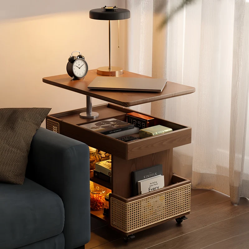 Anhebbarer Couchtisch aus Massivholz mit Stauraum und Universalrollen